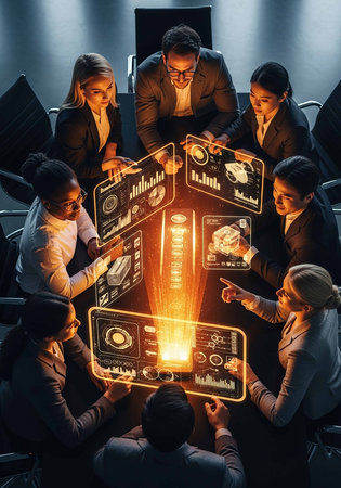 High angle view of multicultural businesspeople working together in conference room with glowing...