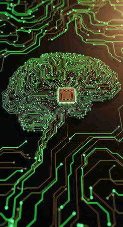 Artificial intelligence (AI) and machine learning concept. Circuit board with human brain