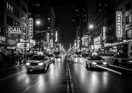 Traffic on Broadway in New York City at night.の写真素材