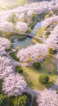 Cherry blossoms in full bloom in a park in Tokyo, Japanの写真素材