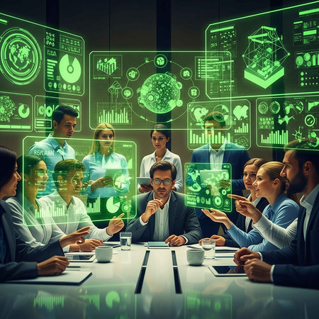 Group of business people working in modern office. Concept of teamwork and cooperation. Double exposureの写真素材