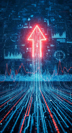 Futuristic glowing arrow on blue digital background. 3D Rendering