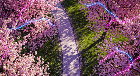 Cherry blossoms in full bloom in a park in Tokyo, Japanの写真素材