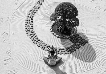 Black and white image of a woman meditating.の写真素材