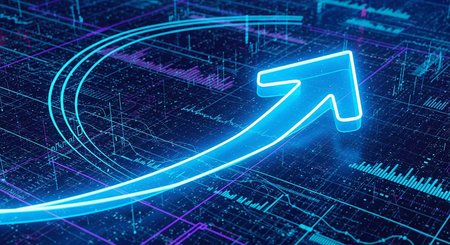 3D rendering of blue glowing arrow over stock market data background.