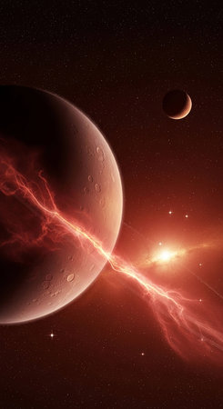 Red planet in the space. Science fiction art. 3D rendering