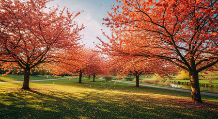 Cherry trees in the park at sunset. Beautiful nature background.