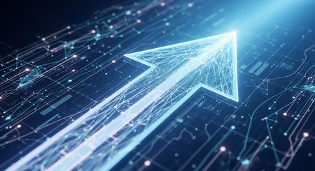 3D rendering of a digital arrow on a blue background. The concept of growth, progress, business.の写真素材