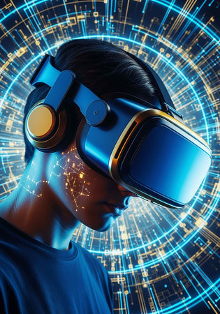 3D rendering of a young man wearing virtual reality goggles on a futuristic background