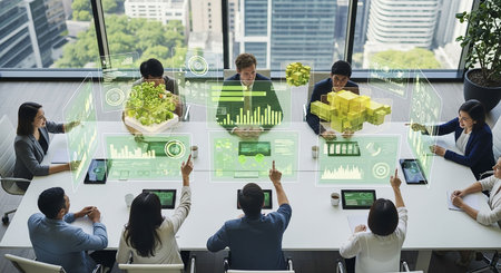 Business people working in a modern office with virtual icons and graphs.の写真素材