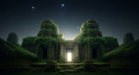 Mysterious ruins of ancient temple at night. 3D renderingの写真素材