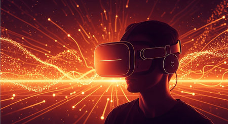 Young man wearing virtual reality goggles against glowing lines on dark background 3D rendering