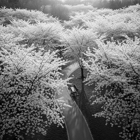Cherry blossoms in full bloom in Tokyo, Japan in black and whiteの写真素材