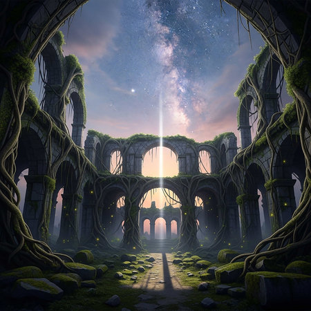 Fantasy landscape with ancient ruins and magic portal. 3D renderingの写真素材