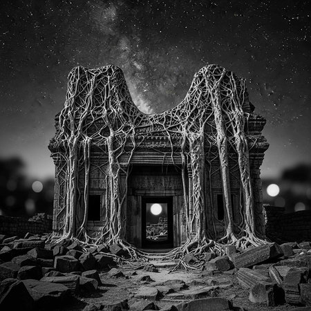 3D rendering of a fantasy castle at night with stars in the skyの写真素材