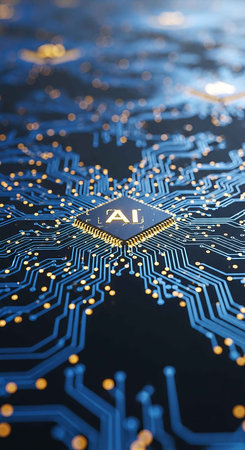 Close up of a microchip on a computer circuit board. Technology concept