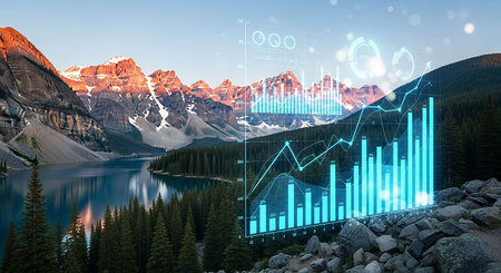 Fantastic panoramic view of mountain lake with glowing forex chart. Concept of financial analysis and trading.の写真素材