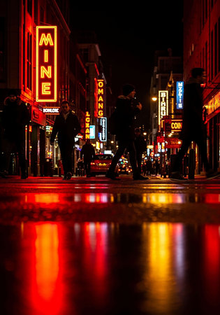 Manhattan street at night. New York is the most populous city in the United Statesの写真素材