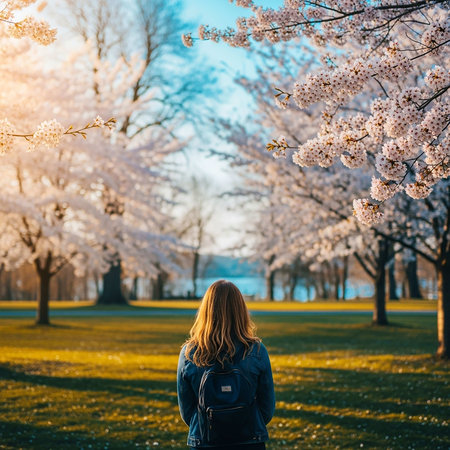 A girl in a blue jacket is standing in the park among the blooming cherry trees.