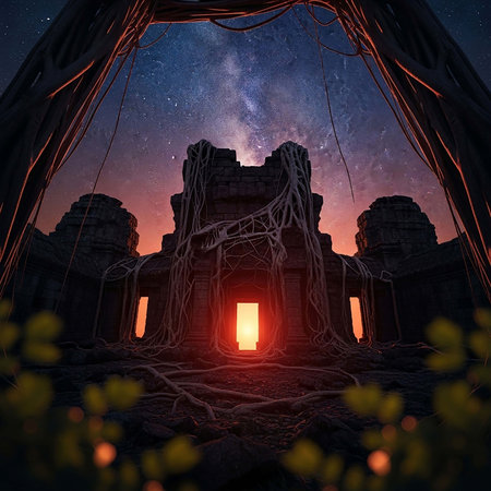 Mysterious temple in the forest at night. 3D renderingの写真素材
