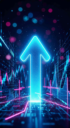Glowing neon arrow on abstract technology background. 3D Renderingの写真素材