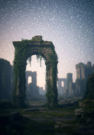 The ruins of an ancient city in a foggy night. 3d renderの写真素材