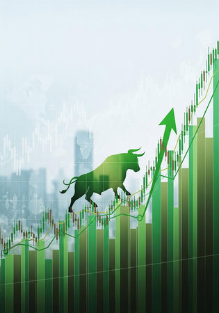 Stock market graph and bull on the background of the city. Vector illustrationの写真素材