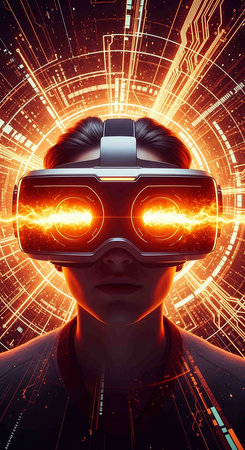 3D rendering of a man wearing a virtual reality headset against a futuristic background