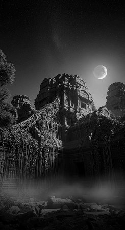 Ta Prohm Temple at night, Angkor Wat, Cambodiaの写真素材