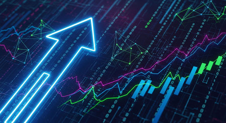 3d rendering graph and arrow on stock market background. Finance and trade concept.