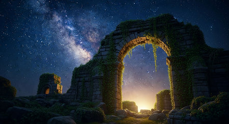 Night scene with stars and Milky way. Landscape. 3d renderingの写真素材