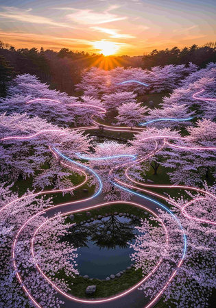 Cherry blossoms in full bloom at sunset, Tokyo, Japanの写真素材