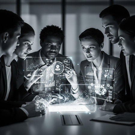 Group of business people working together with tablet pc in office. Mixed mediaの写真素材