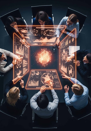 Top view of business people working with virtual panel interface. Technology concept.の写真素材