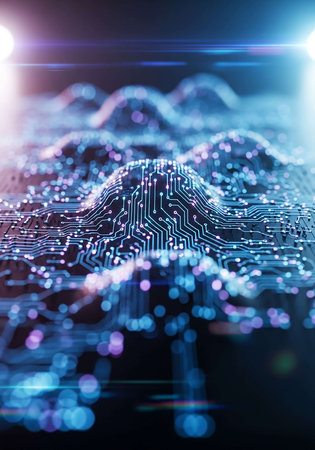 Futuristic technology background. 3d rendering toned image double exposureの写真素材