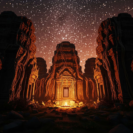 Mysterious temple in the jungle at night. 3D renderingの写真素材