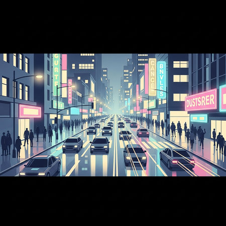 Night city street with cars and people. Vector illustration. Eps 10の写真素材