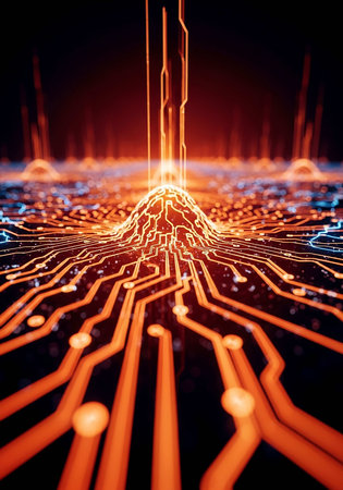 3d render of circuit board with glowing particles. Futuristic technology concept.の写真素材