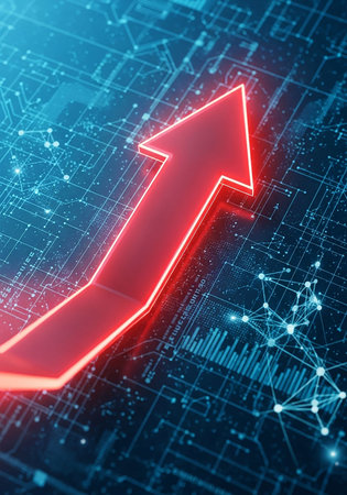 3D rendering of a red arrow on a blue background with a graphの写真素材