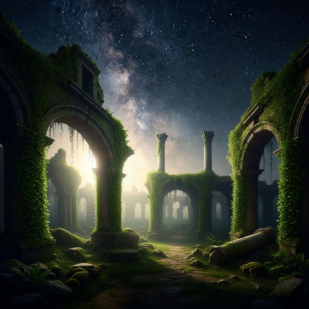 Mystical garden with arches and old abandoned house at nightの写真素材