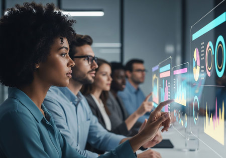 african american businesswoman pointing with finger at virtual panel in officeの写真素材