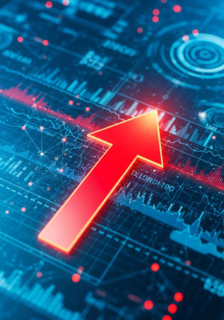 3d rendering red arrow on stock market chart background. Business growth concept.の写真素材