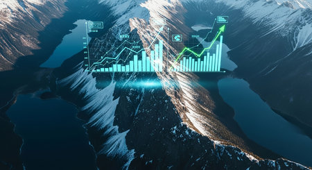 Digital charts and graphs against snowy mountains in the background 3D renderingの写真素材