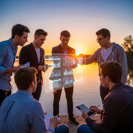 Group of young business people working and communicating together on the background of the sunsetの写真素材