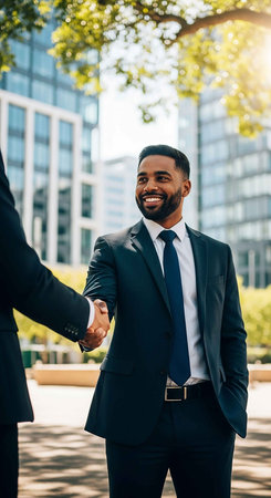 Cheerful african american businessman shaking hands with colleague in city