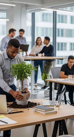 african american businessman holding plant in pot while colleagues working in office