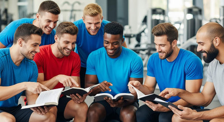 education, sport, training, gym and people concept - group of smiling men reading book at gym