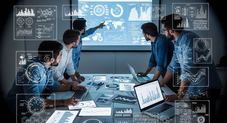 Business people working together against white background against business interface showing data...