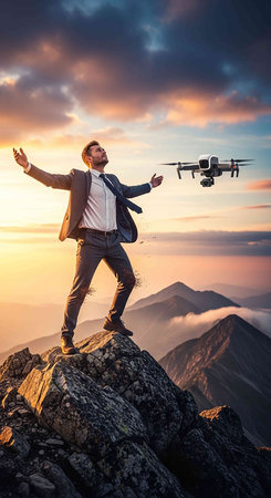 Businessman taking selfie with drone on the top of the mountain.の写真素材