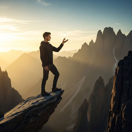 Man standing on the edge of a cliff.の写真素材